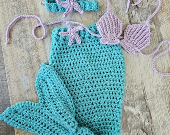 Crochet Mermaid Tail Set, Baby Girl Seashell Top, Photo Prop Costume