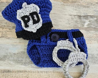 Crochet Police Uniform Baby Photo Prop, Newborn Costume, Law Enforcement Outfit