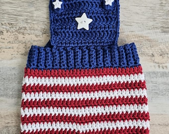 Handmade Patriotic Crochet Romper, Red White Blue Stars, 4th of July Outfit