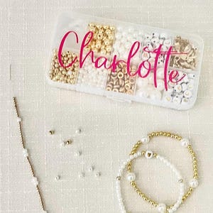Gold & Pearl Beginners Bead Kit - 6 Types of Beads, Letters, Charms, String - Stocking Stuffer/Birthday Gift/Care Package Item - TRAVEL SIZE