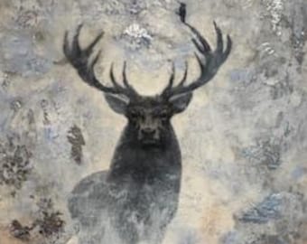 Encaustic Painting: Stag and Hummingbird, Wax Art, Nature's Wisdom 12x12