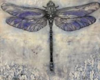 Indigo Dragonfly Encaustic Panel with Silver Crown – Wax Art Transformation Symbolism