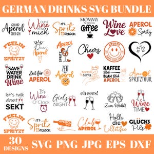 Könnte beinhalten: Eine digitale Sammlung von 30 Grafikdesigns mit dem Titel GERMAN DRINKS SVG BUNDLE. Die Designs zeigen verschiedene Typografien und Illustrationen rund um Getränke, darunter Aperol, Wein, Kaffee und Bier, mit Sprüchen wie Wine Love, Cheers und Zum Wohl.