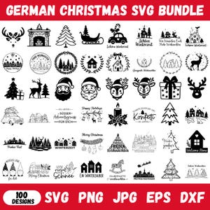 May include: A digital collection of 100 black and white Christmas-themed graphic designs labeled GERMAN CHRISTMAS SVG BUNDLE. The set includes illustrations of reindeer, Santa Claus, pine trees, houses, sleds, and festive text in German.
