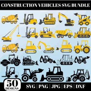 Könnte beinhalten: Eine Sammlung von 50 Baufahrzeug-Designs in den Formaten SVG, PNG, JPG, EPS und DXF. Das Bild zeigt verschiedene gelbe und schwarze Baufahrzeuge, darunter einen Betonmischer, einen Bagger und einen Gabelstapler. Der Text "CONSTRUCTION VEHICLES SVG BUNDLE" steht oben.