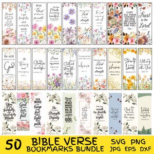 May include: A collection of 50 Bible verse bookmarks with floral designs and inspirational quotes. Each bookmark features a different verse and decorative floral elements. The bundle includes SVG, PNG, JPG, EPS, and DXF files.