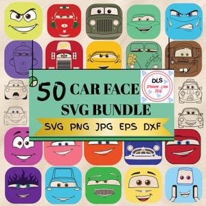 May include: A collection of 50 car face designs in various colors and expressions. The image includes the text "50 CAR FACE SVG BUNDLE" with file type options: SVG, PNG, JPG, EPS, and DXF. The designs feature cartoon car faces.