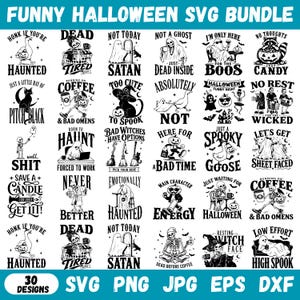 Pode incluir: Uma coleção digital de 30 designs gráficos em preto e branco com tema de Halloween, apresentando esqueletos, fantasmas, gatos e abóboras. Cada design inclui textos humorísticos como Honk If You're Haunted e Not Today Satan.