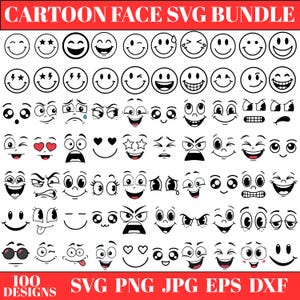Puede incluir: Una colección digital titulada CARTOON FACE SVG BUNDLE que presenta 100 diseños gráficos en blanco y negro de diversas expresiones faciales, incluyendo caras sonrientes, guiñando, llorando y enojadas, con formatos SVG, PNG, JPG, EPS y DXF.