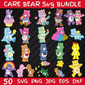 May include: A digital collection of Care Bear illustrations featuring various characters in different poses, colors, and activities. The graphic includes text reading CARE BEAR SVG BUNDLE at the top and 50 SVG PNG JPG EPS DXF at the bottom.