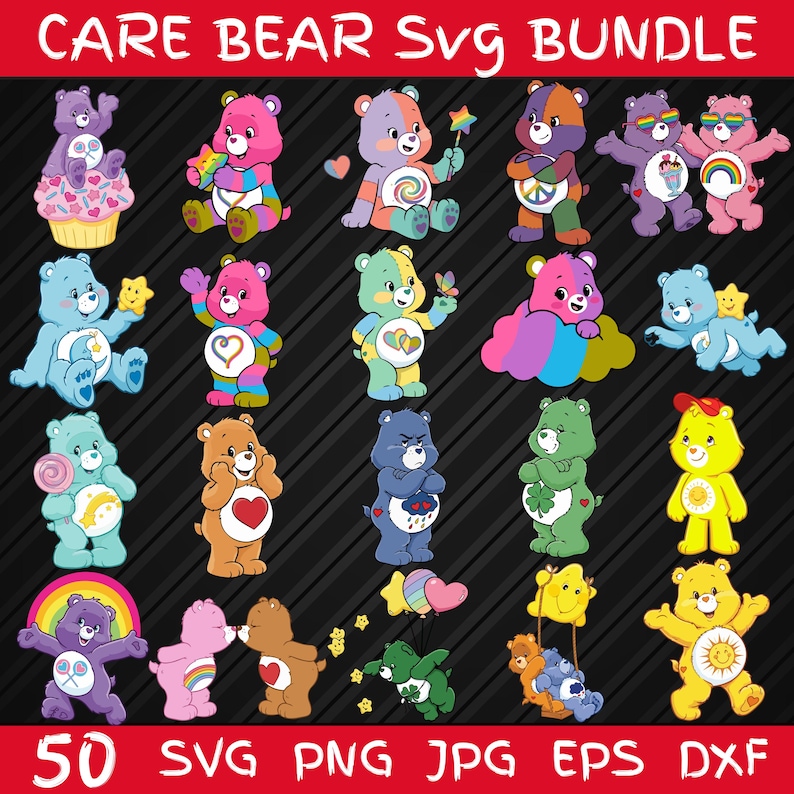 May include: A digital collection of Care Bear illustrations featuring various characters in different poses, colors, and activities. The graphic includes text reading CARE BEAR SVG BUNDLE at the top and 50 SVG PNG JPG EPS DXF at the bottom.