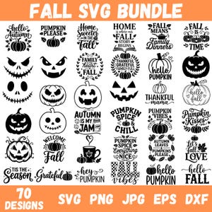 May include: A digital collection of 70 black and white autumn-themed SVG designs featuring pumpkins, jack-o'-lantern faces, and seasonal phrases like Hello Autumn, Pumpkin Please, and Fall Vibes, arranged in a grid on a white background.