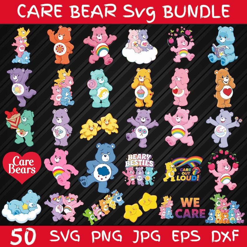 May include: A digital collection of Care Bear illustrations featuring various colorful bears in different poses, including bears with rainbows, hearts, and stars on their bellies, alongside text elements like Care Bears, Beary Besties, and We Care.