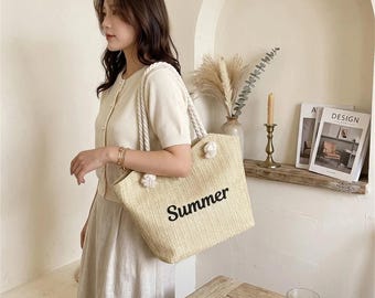 Bolso de playa personalizado, bolso de verano con nombre personalizado, bolso de hombro grande para viajes, regalo de vacaciones para ella.