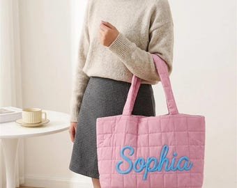 Personalized Name Quilted Cosmetic Bag, Custom Bridesmaid Gift Bag, Travel Makeup Pouch, Wedding Favor, Toiletry Organizer