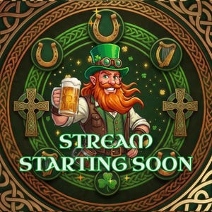 Könnte beinhalten: Digitalillustration eines Leprechauns mit Bierkrug, umgeben von keltischen Symbolen. Das Bild hat ein grünes und goldenes Farbschema mit dem Text "STREAM STARTING SOON". Es zeigt Hufeisen, Harfen und Kleeblätter.
