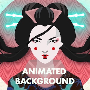 Peut inclure: Illustration d'une geisha aux cheveux noirs, avec des accents rouges et le texte "ANIMATED BACKGROUND". La geisha a des cercles de fard à joues rouges sur les joues, sur un fond rose et bleu avec un motif de vagues.