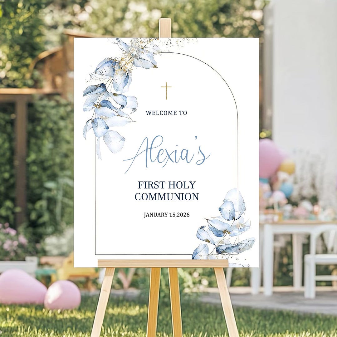 Custom First Holy Communion Sign, Personalized Blue Floral Communion ...