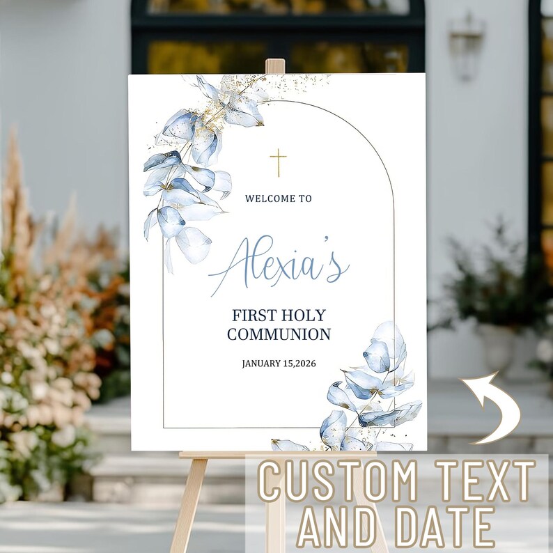 Communion Post Sign Custom First Holy Communion Sign, Personalized Blue Floral Communion ...