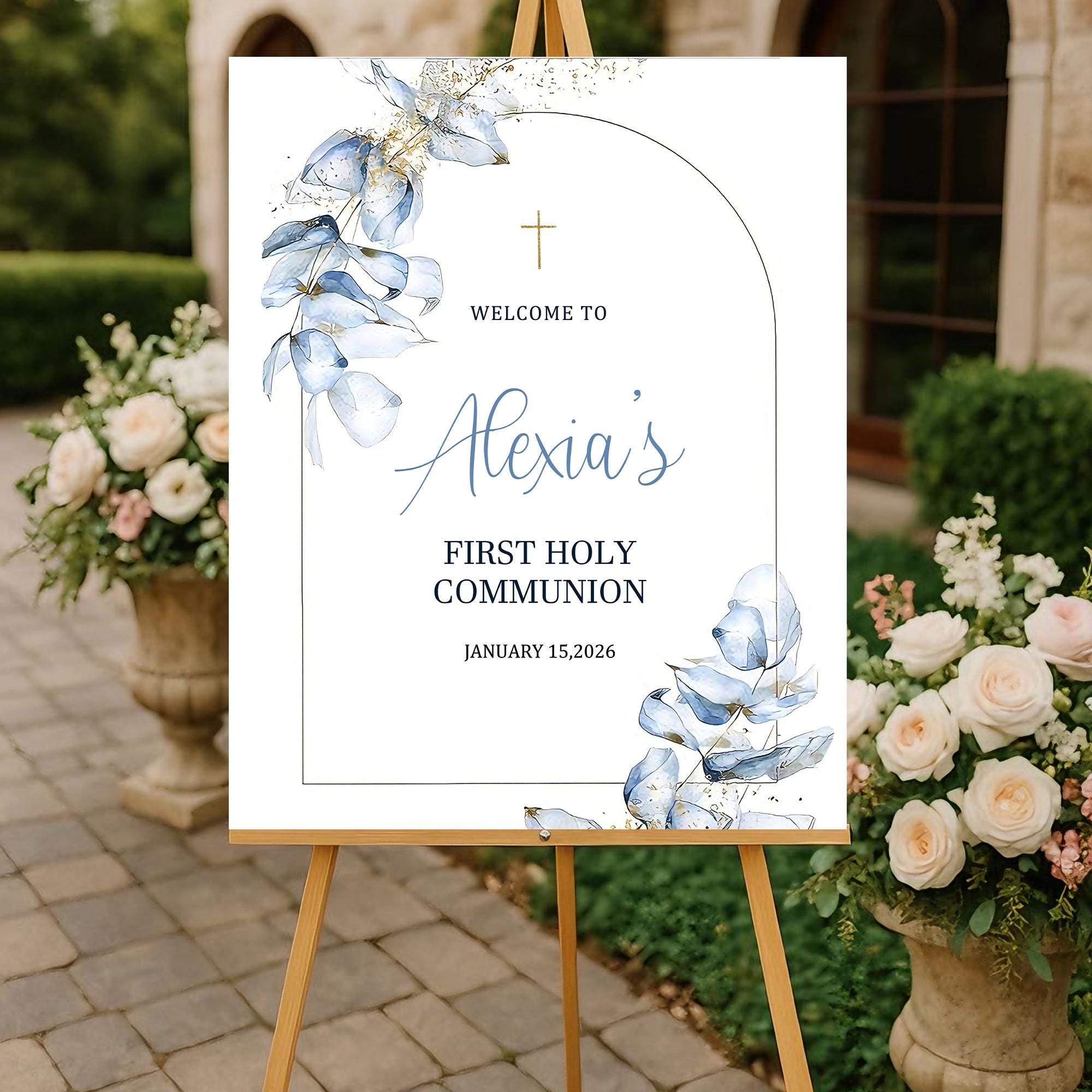 Communion Post Sign Custom First Holy Communion Sign, Personalized Blue Floral Communion ...
