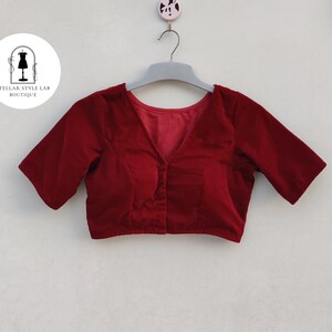V Neck Velvet Saree Blouse, Women Sari Blouse, Designer Choli, Women Fashion, Indian Padded Blouse, Crop Top, Half Sleeves Blouse