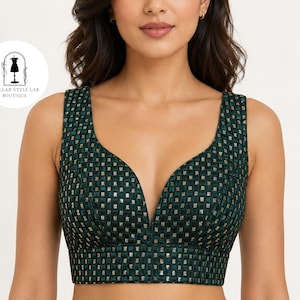 Bottle Green Sari Blouse, Bridal Blouse, Padded Blouse, Women Fashion, Saree Blouse With Sleeve, Indian Designer Blouse