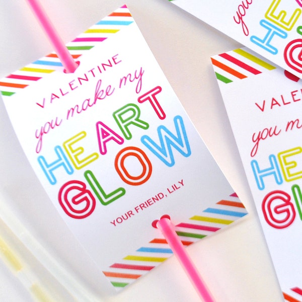 You Make My Heart Glow Neon Valentine for Glow Stick Party Favor Tag Card Printable for School Classroom Exchange Editable PDF