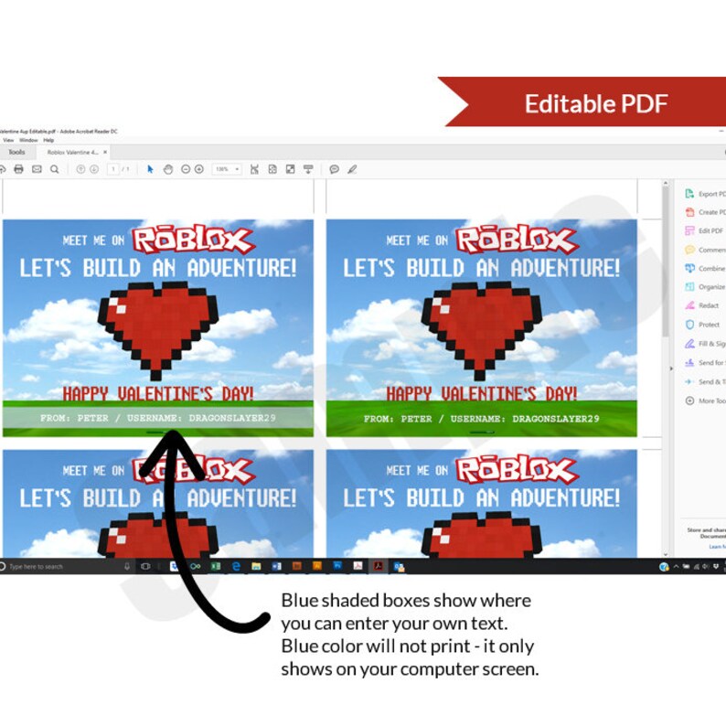 Roblox-inspired Valentine Digital Editable PDF Printable Card - Etsy