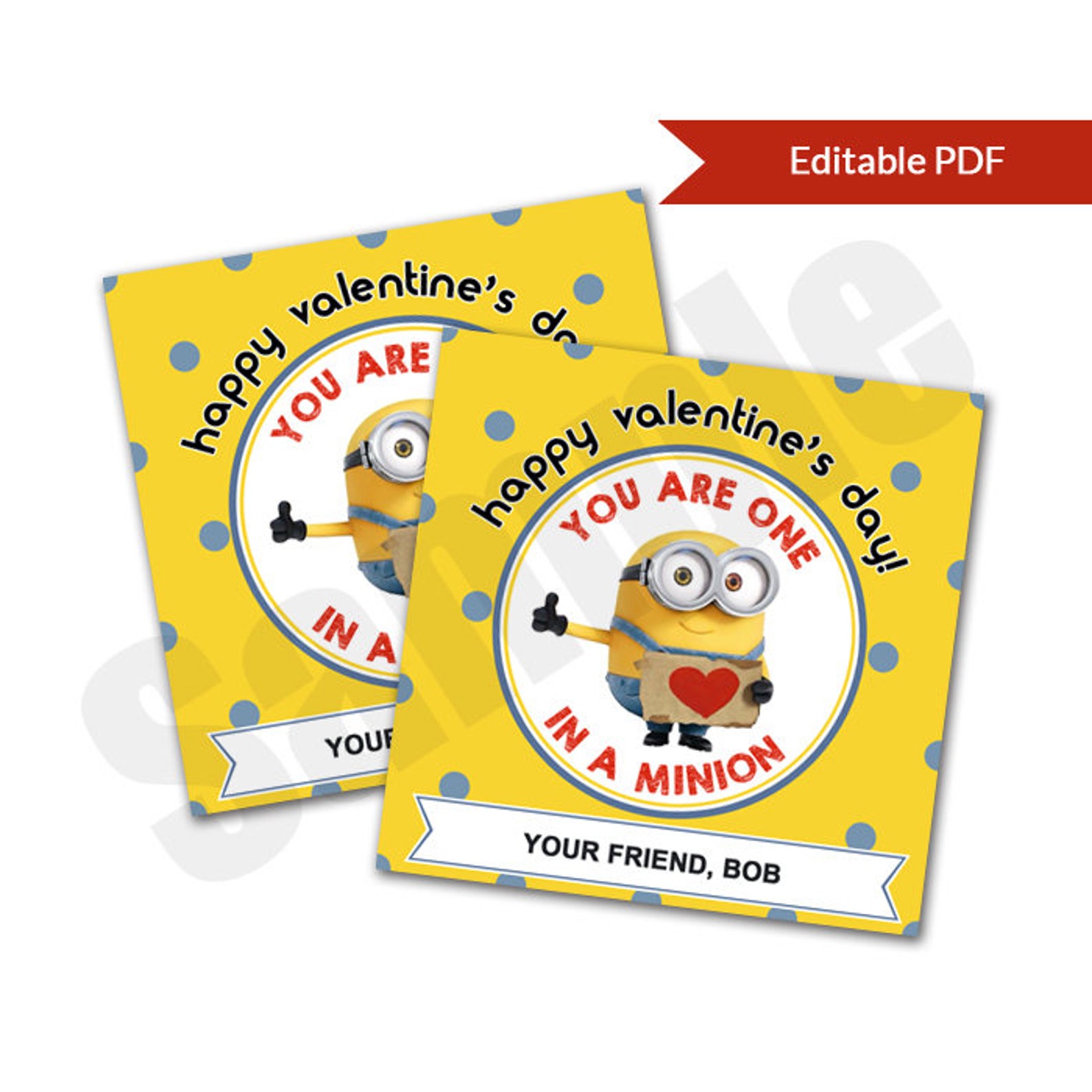 One in a Minion Valentine's Day Card Tag Editable PDF - Etsy