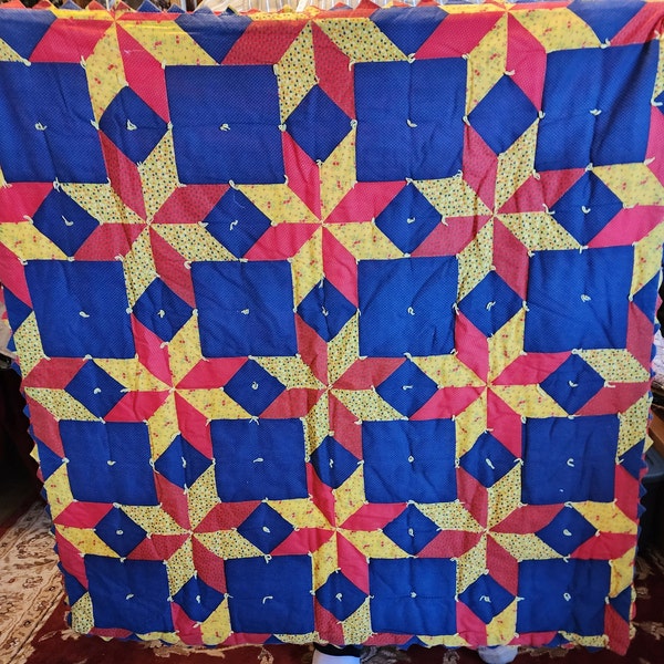 SALE ! Vintage quilt Makes me giggle & reminds me of clowns. Measures 42 X 42 inches with prairie points and fluffy batting  Hand tied Sweet