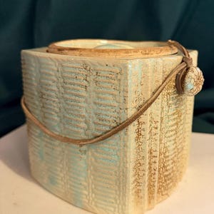 Vintage Japanese Biscuit or Tea container, stamped Made in Japan, woven pattern in pale blue
