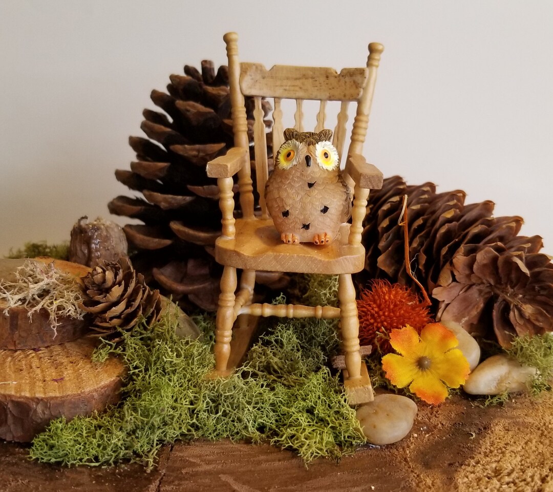 Woodland Owl Diorama: Miniature Rocking Chair, Pinecones & Moss - Etsy