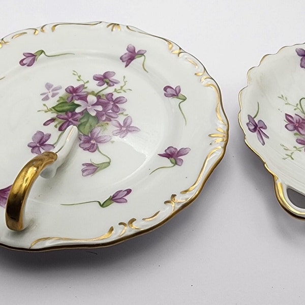 Occupied Japan Made and Hand painted Spring Violets dainty Lemon Plate or trinket set for vanity made for Rossetti, Chicago, USA