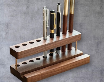 Walnut Wood Desk Organizer | Pen Holder - Phone Stand | Office & School