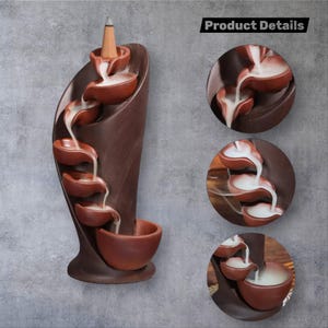 May include: A brown ceramic incense burner with a cascading waterfall design. The burner features multiple tiers of small bowls, with smoke flowing down. The text "Product Details" is visible in the image.