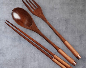 Wooden Chopsticks Spoon Fork Set - Natural Kitchen Utensils