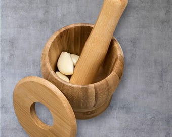 Bamboo Garlic Mortar and Pestle, Spice Herb Grinder, Rustic Kitchen Tool