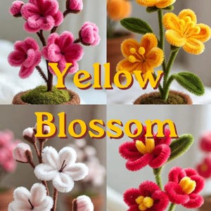 May include: A collection of four handmade floral arrangements. The flowers are made from a fuzzy material in pink, yellow, white, and red. The text "Yellow Blossom" is overlaid on the image. Each arrangement is potted in a small, brown pot.