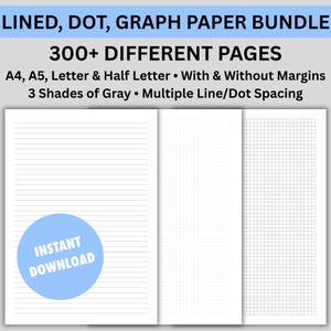 Può includere: Un pacchetto di carta stampabile con design a righe, puntini e grafici. L'immagine mostra tre diversi stili di carta: a righe, a pois e a griglia. Il testo sull'immagine dice "LINED, DOT, GRAPH PAPER BUNDLE" e "300+ DIFFERENT PAGES". L'immagine dice anche "INSTANT DOWNLOAD".
