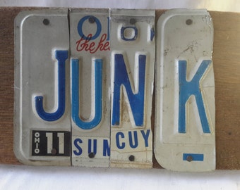 Antique wood trowel tool JUNK license plate letters sign