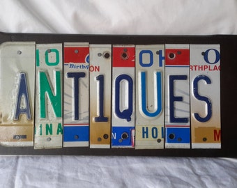 ANTIQUES license plate cutout wood wall hanging craft sign