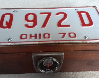 Antique wood storage trinket junk box with 1970 Ohio License plate and RAC Amp gauge