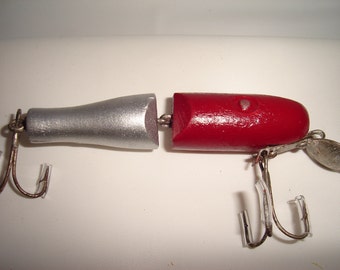 Vintage wood pike minnow jointed fishing lure repainted in OSU colors scarlet / gray