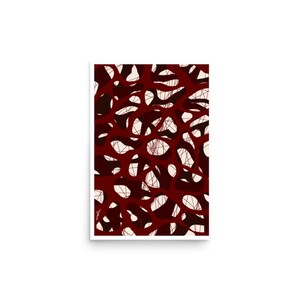 Könnte beinhalten: Abstrakter Kunstdruck mit einem Netzwerk aus dunkelroten, organischen Formen auf cremefarbenem Hintergrund. Das Design enthält dünne, weiße Linien innerhalb der Formen, wodurch ein strukturierter, geschichteter Effekt entsteht. Das Kunstwerk wird auf weißem Hintergrund präsentiert.