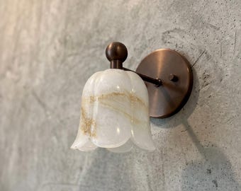 Handmade Alabaster Stone Wall Sconce | Organic Brass Contemporary Light | bedside lights