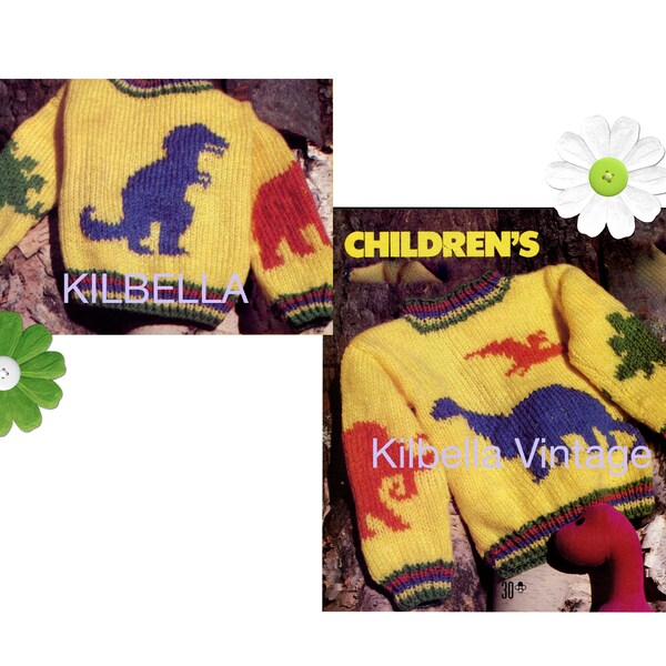 Modèle de tricot - pull pour enfants vintage des années 80, pull dinosaure pour garçons et filles, modèle de tricot PDF.