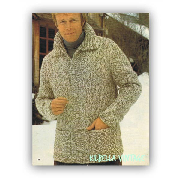 Men's Cardigan Knitting Pattern - Vintage 1970's Sweater Knitting Instant Download PDF Knitting Pattern  Men's Sweater Coat