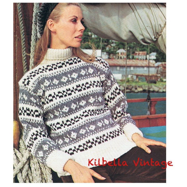 Vintage Knitting Pattern Nordic Icelandic Knit Wool Sweater Turtleneck Sweater Women, Men  PDF Knitting Pattern Digital Download