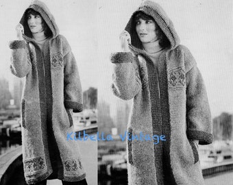 Cowichan Digital Knitting Pattern - Womens Hooded Sweater Coat - 1970's Sweater Knitting- PDF Knitting Pattern Instant Download