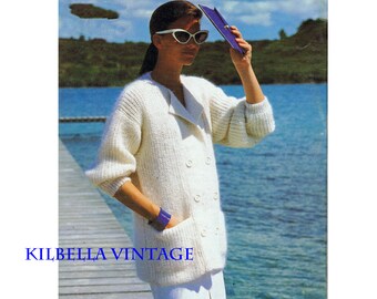 Womens Double-breasted Jacket Knitting Pattern - Vintage Ladies Sweater Coat PDF Knitting Pattern